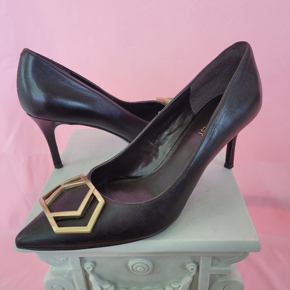 Nine West Chocolate Brown and Gold Heels with Geometric Gold Design- Sz 8 - Picture 2 of 3